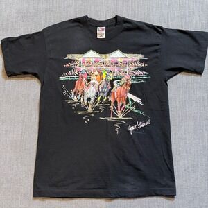 Vintage Joan Studwell Horse Racing Glitter T-Shirt Fruit of the Loom Black L